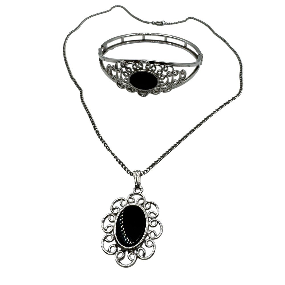 Sarah‎ Coventry Silver Tone Black Oval Stone Necklace Bracelet Set Women D14Q